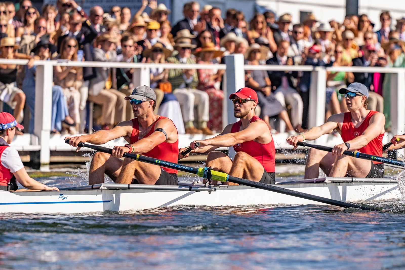 A cox watching three rowers drive their oars through the water during a race